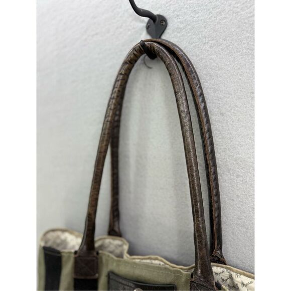 Mona B Womens Khaki Green Leather Upcycled Strapped Canvas USA Tote Bag - Picture 3 of 11